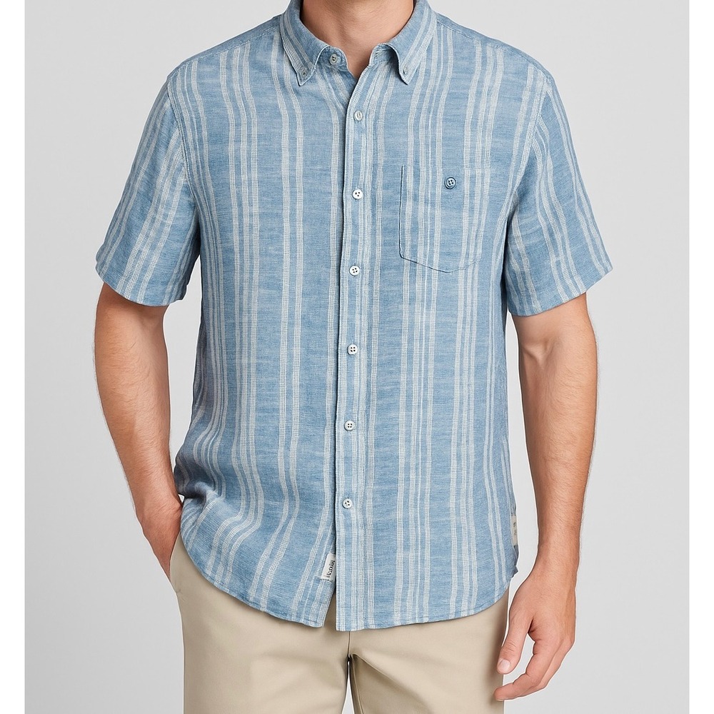Weatherproof Vintage Linen Button Shirt Men XL Blue Striped Short Sleeve Casual